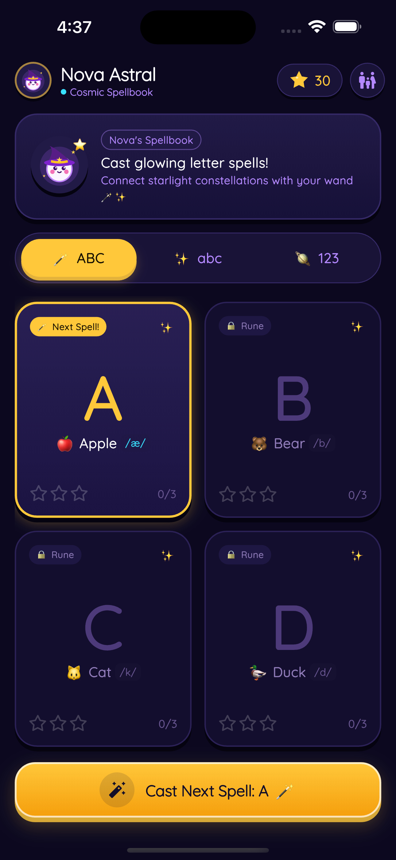 1. Showing a List of Letters Screen - Cosmic Spellbook